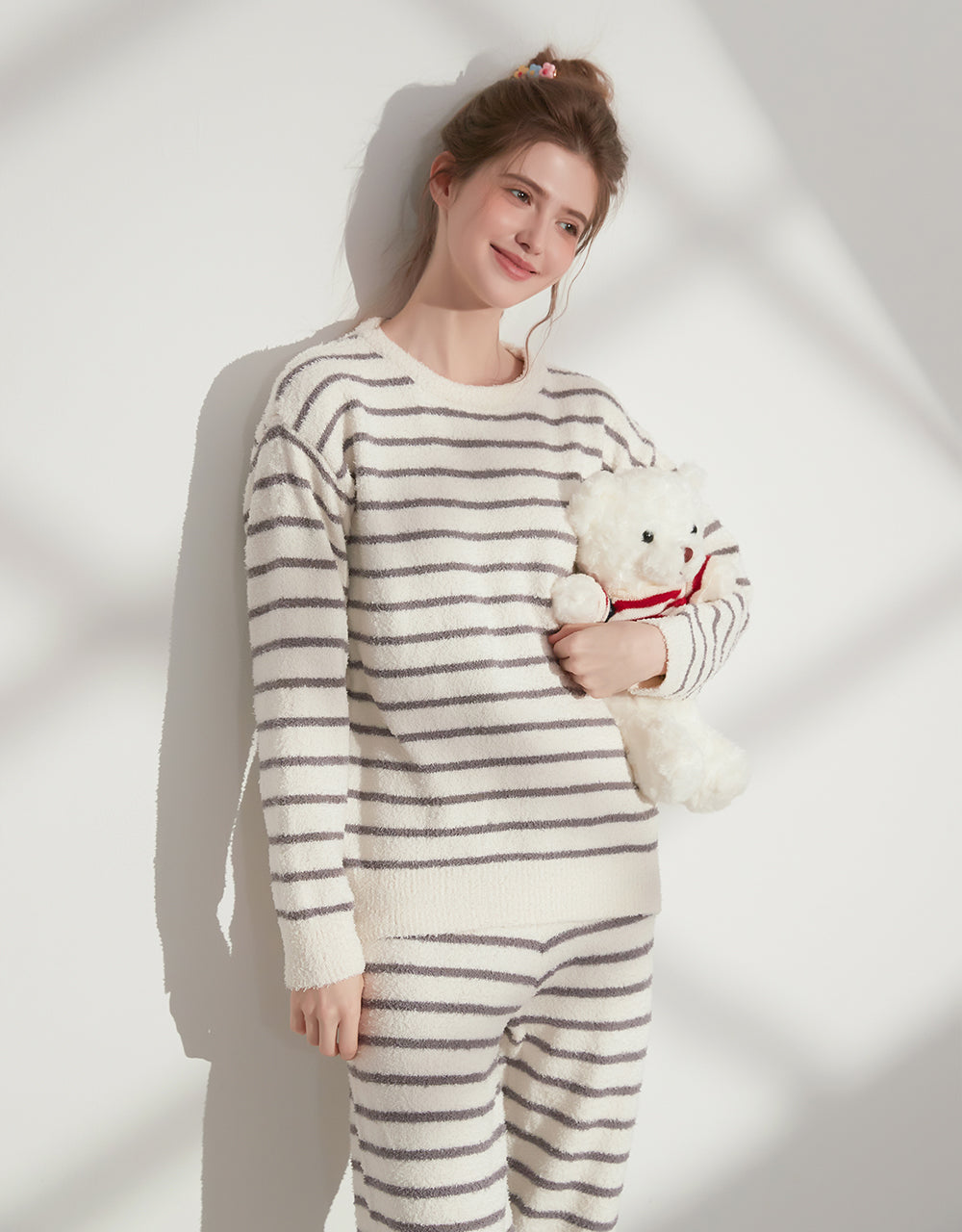 質感橫條軟綿綿家居套裝 (上衣+褲子) 白棕橫條
