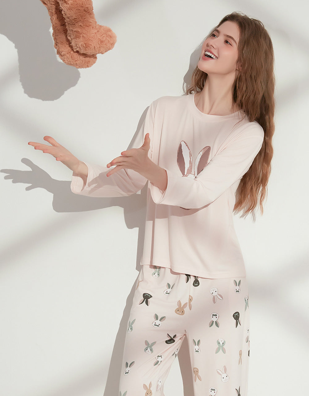 莫代爾家居二件式套裝 (長袖+長褲) 粉色兔子