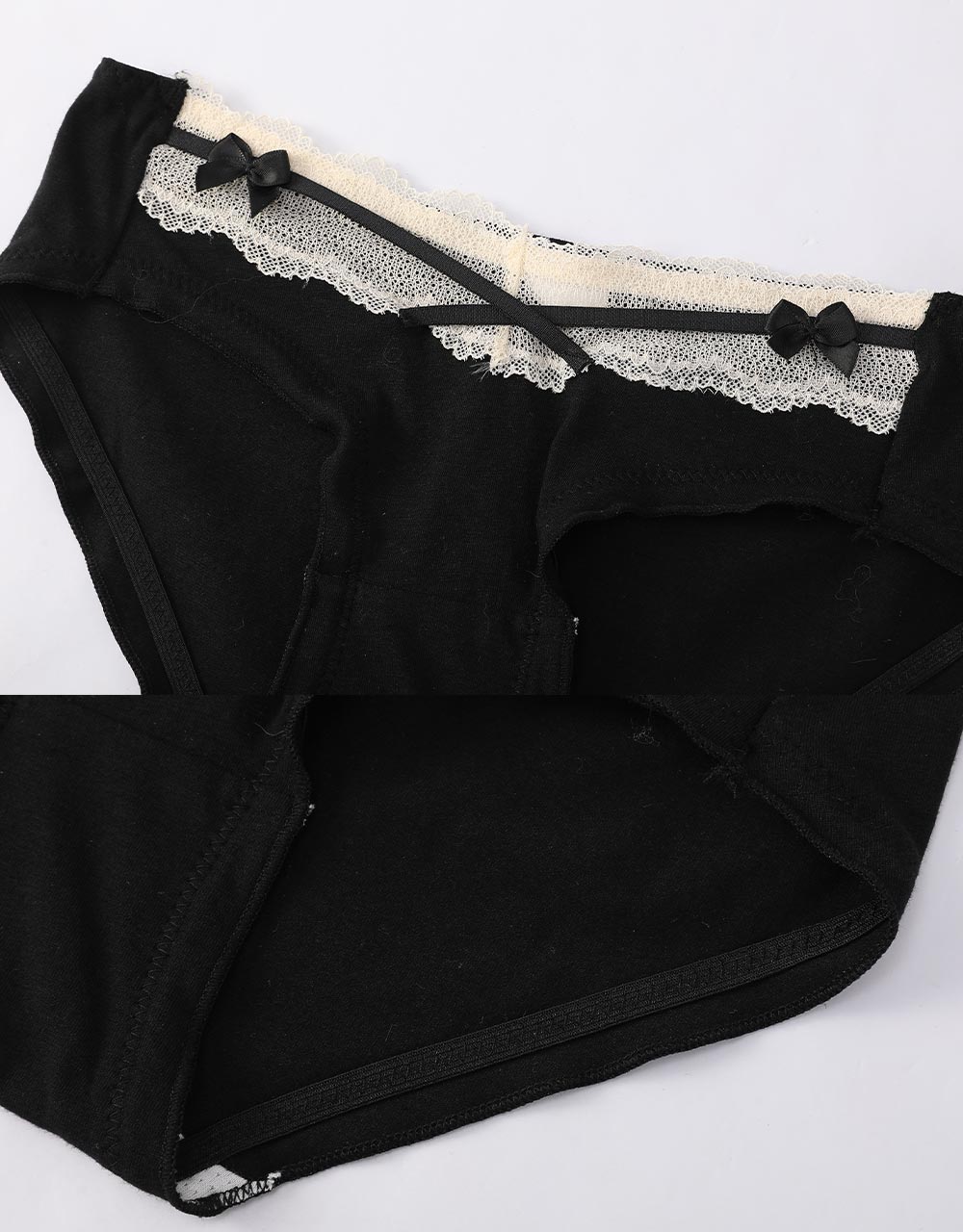 蕾絲抓皺交叉設計低腰內褲 黑