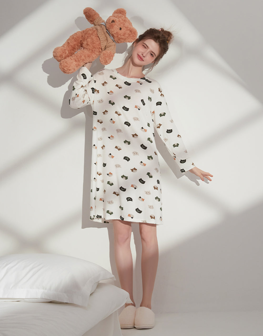 莫代爾長袖居家服 (半裙) 滿版小貓